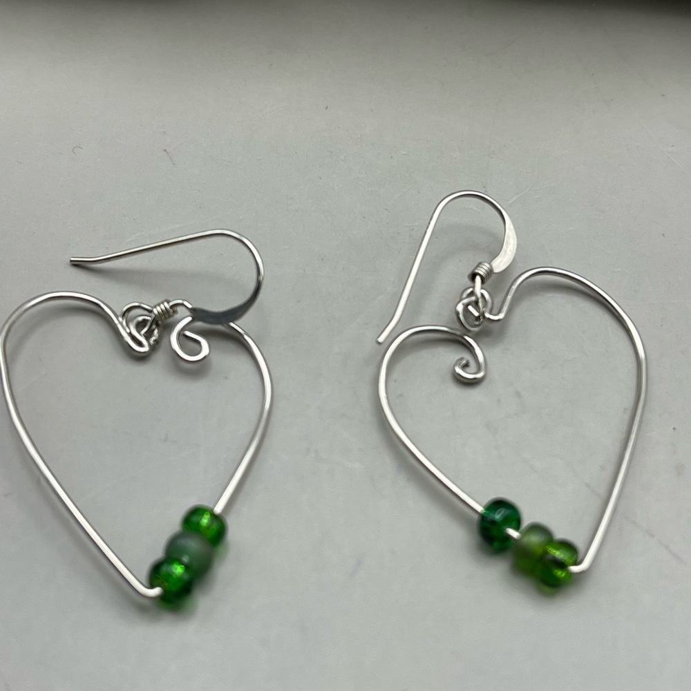 Sterling Silver Heart Earrings with Green Crystal Beads -gift idea